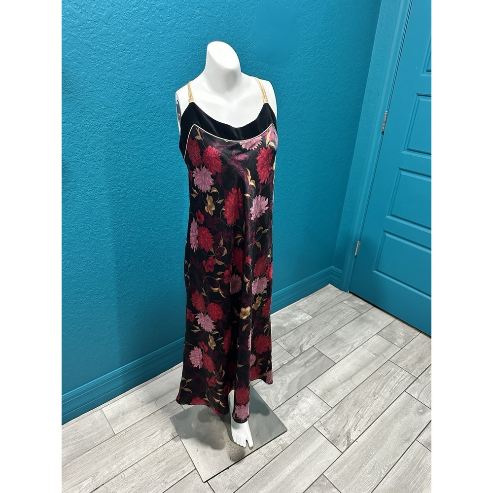 Halston Womens Dark Romantic‎ Satin Slip Dress Floral Feminine Velvet Trim PL